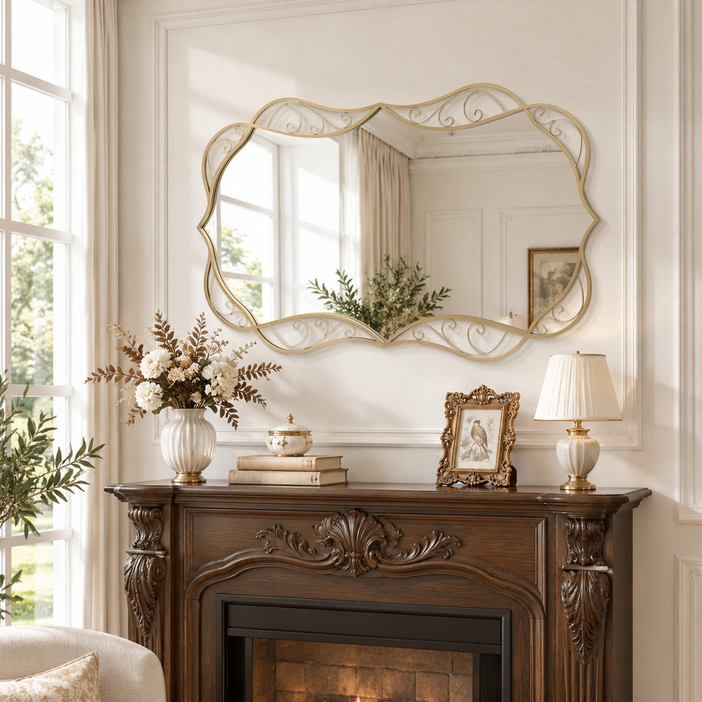 Vintage Brass Framed Mirror: 48"x30" Large Scalloped Wavy Mirrors