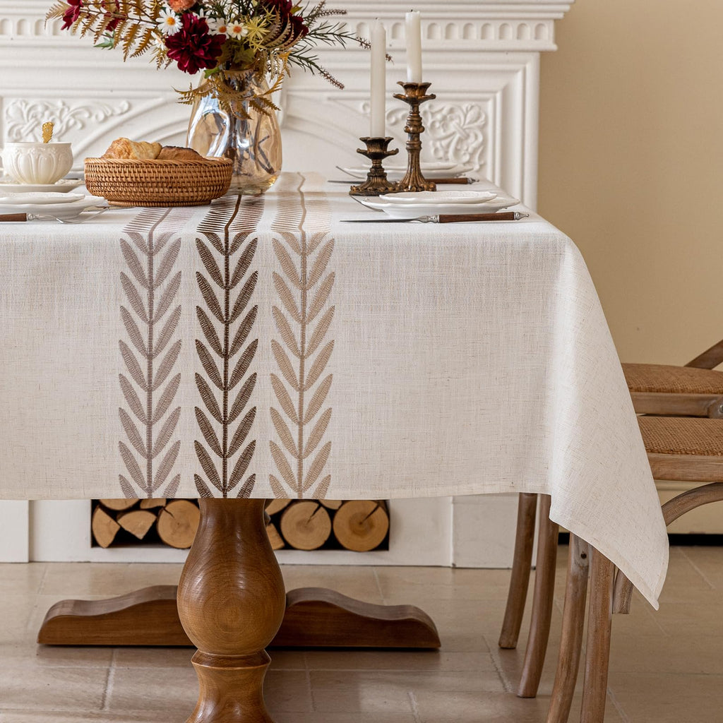 Linen Tablecloths for Rectangle Table, Heavy Duty Beige Embroidery Tablecloths, Burlap Farmhouse Tablecloth