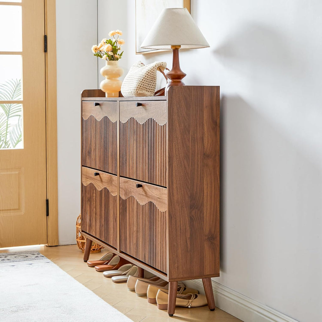 47.2" Shoe Storage Cabinet with 4 Flip Drawers, Narrow Shoe Organizer with Wave&Fluted Panel, Freestanding Wood