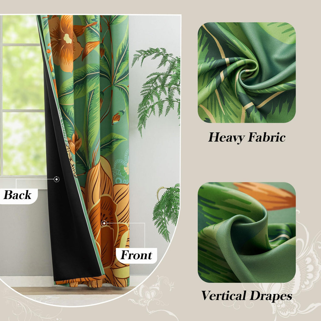 Sage Green Floral Butterfly Blackout Curtains, 52W x 63L, 2 Panels