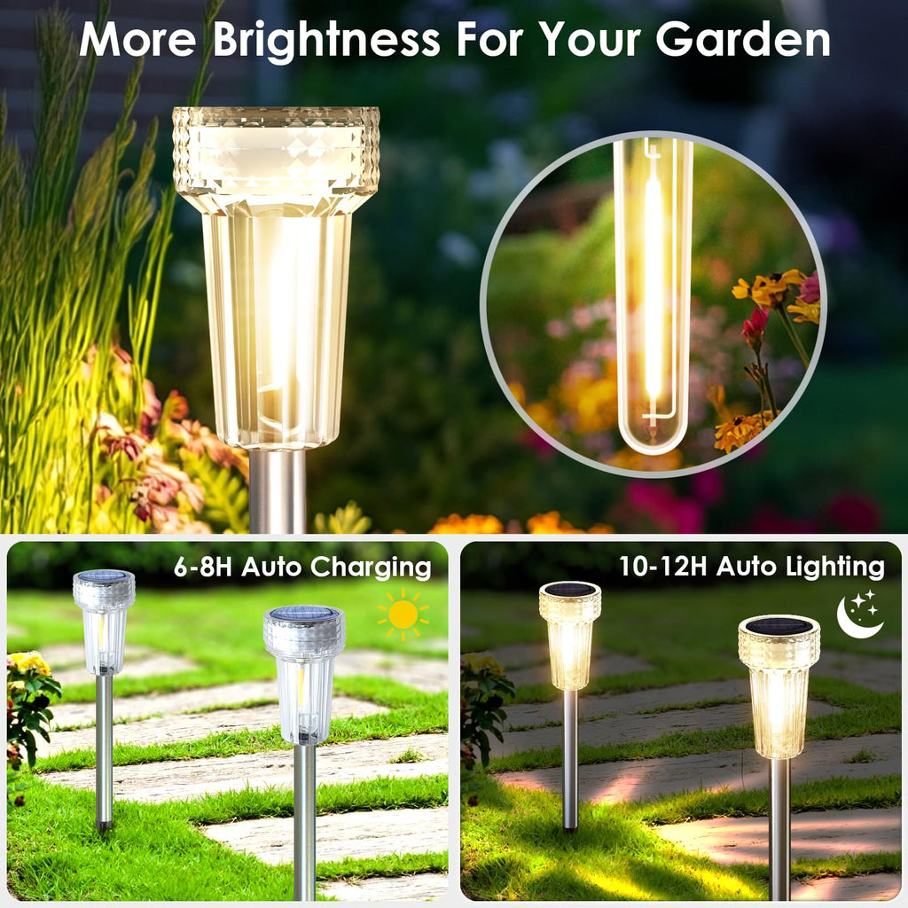 12 Pack Solar Pathway Lights Outdoor, Waterproof Metal Solar Outdoor Lights Tungsten Bulb Landscape Lighting Garden