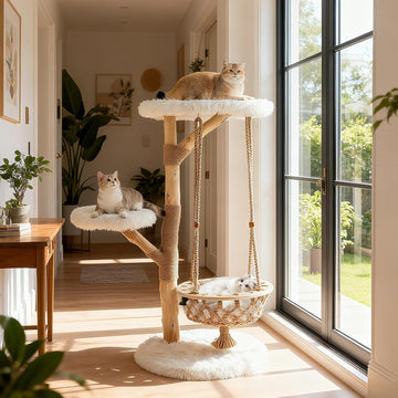 48.5-inch Wood Cat Tree, Multi-Level White Modern Wooden Cat Tower