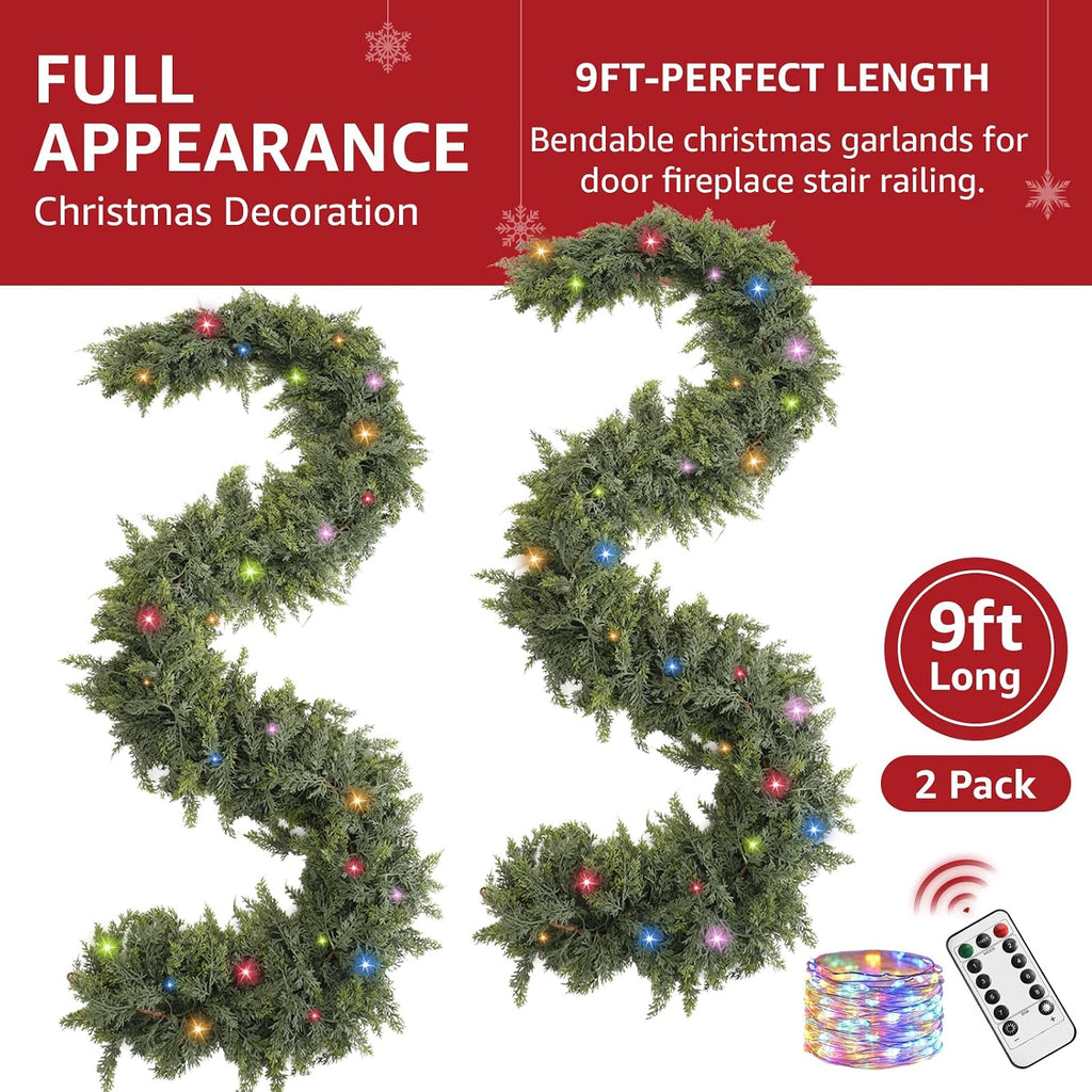 Cedar Christmas Garland with Lights for Mantle - 2 Pack Decorations 9ft Realistic Lighted Faux Pine Garlands for Xmas