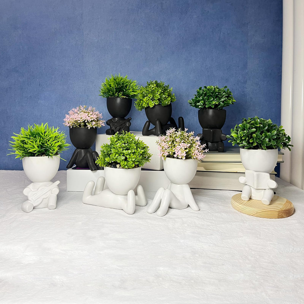 4 Packs Creative Small Fake Plants Artificial Succulents in Ceramic Human Shaped Pots Cute Office Plants For Desk