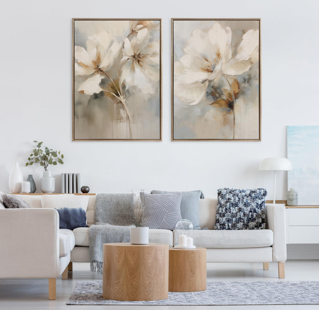 Sylvie Beaded Abstract Botanical Floral Linen Painting 1 and 2 Vintage Framed Canvas Wall Art Set by The Creative