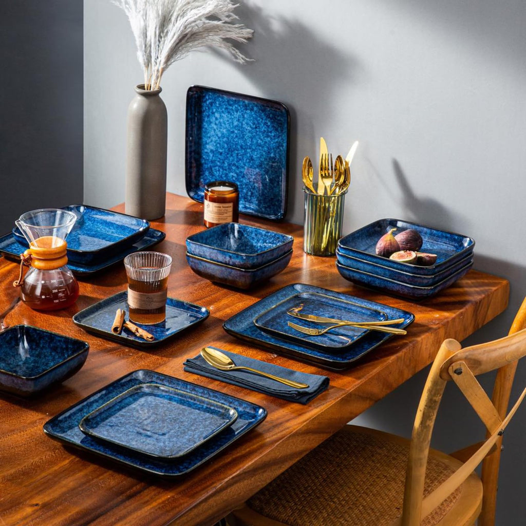 Square Stoneware Dinnerware Set for 4,16-Piece Plate and Bowl Set