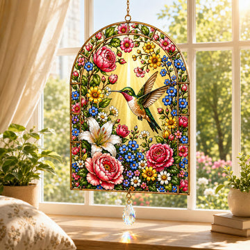 Hummingbird Suncatcher for Windows, Double Sided Tempered Glass Window Hanging, Floral Bird Stained Glass Style Sun