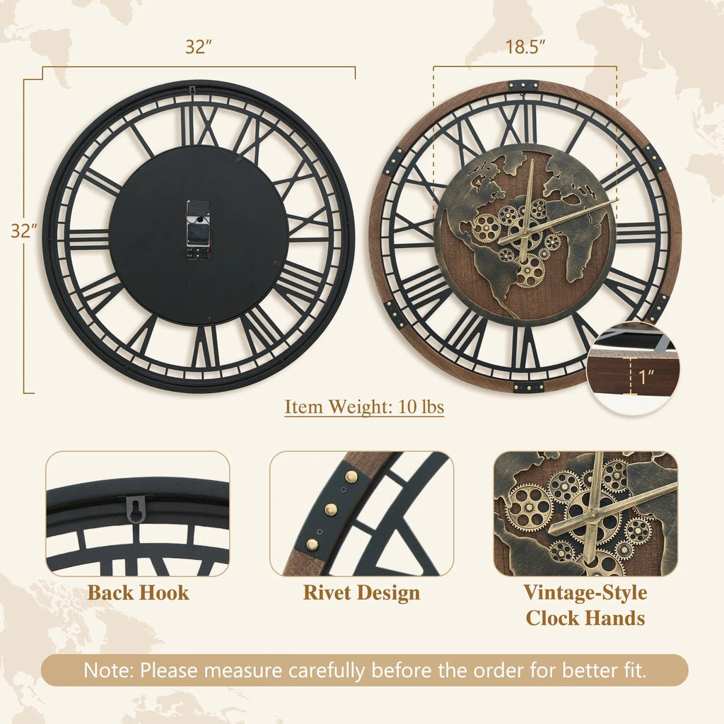 Large Wall Clock Decorative: 32" Moving Gear Clocks Battery Operate