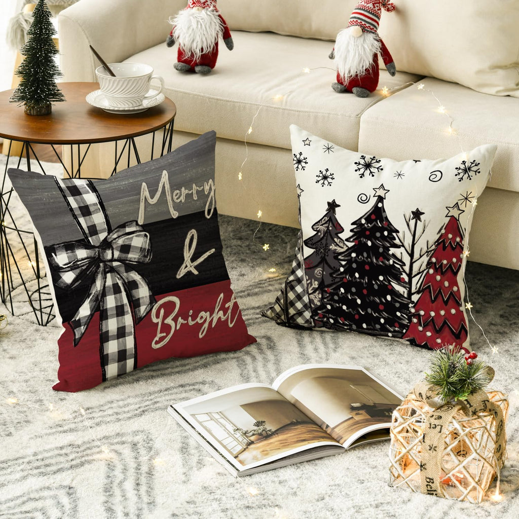 Merry Christmas Joy Xmas Trees Red Throw Pillow Covers, 20x20 Inch Christmas Winter Holiday Cushion Case Decoration - Set of 4