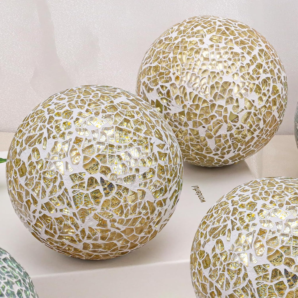 Gold Decorative Balls for Bowls 3.35inch Mosaic Glass Sphere - Set of 3