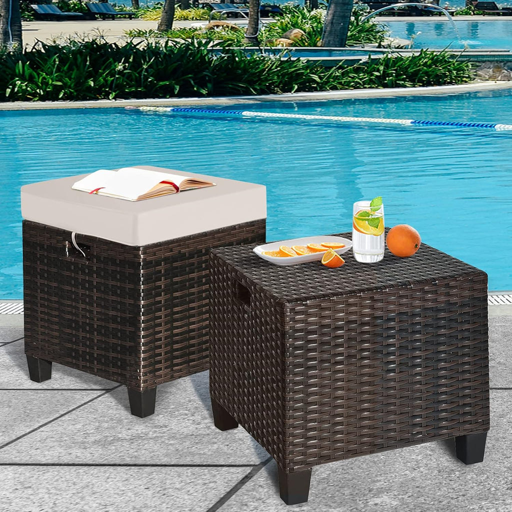 2-Piece Rattan Patio Ottoman, All Weather Wicker Ottoman w/Removable Cushion & Steel Frame, Outdoor Footstool