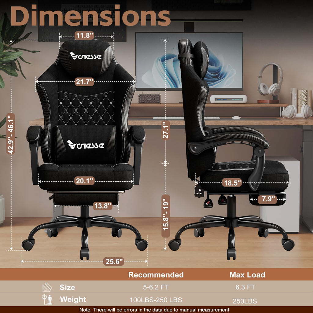 Gaming Chair, Desk Chair with Linen Breathable Mesh Fabric, Office Chair with Adjustable Lumbar Support, Computer