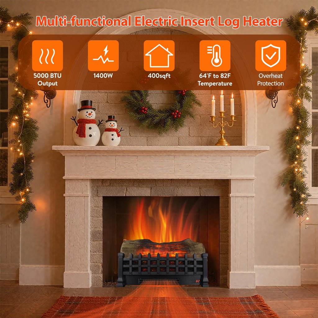 21" Electric Fireplace Log Set, Fireplace Insert with Realistic Flame, Adjustable Flame Brightness, Thermostat, 9H
