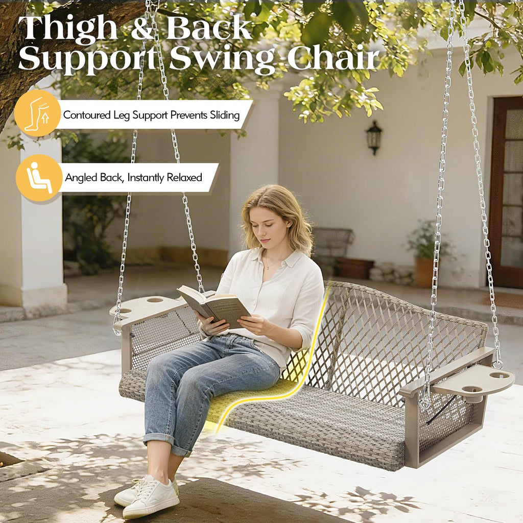 3-Seat Wicker Hanging Porch Swing with Cup Holders and Cushions