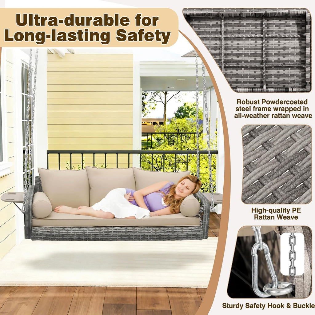 3 Seat Hanging Wicker Porch Swing with Cup Holders, 800Lbs