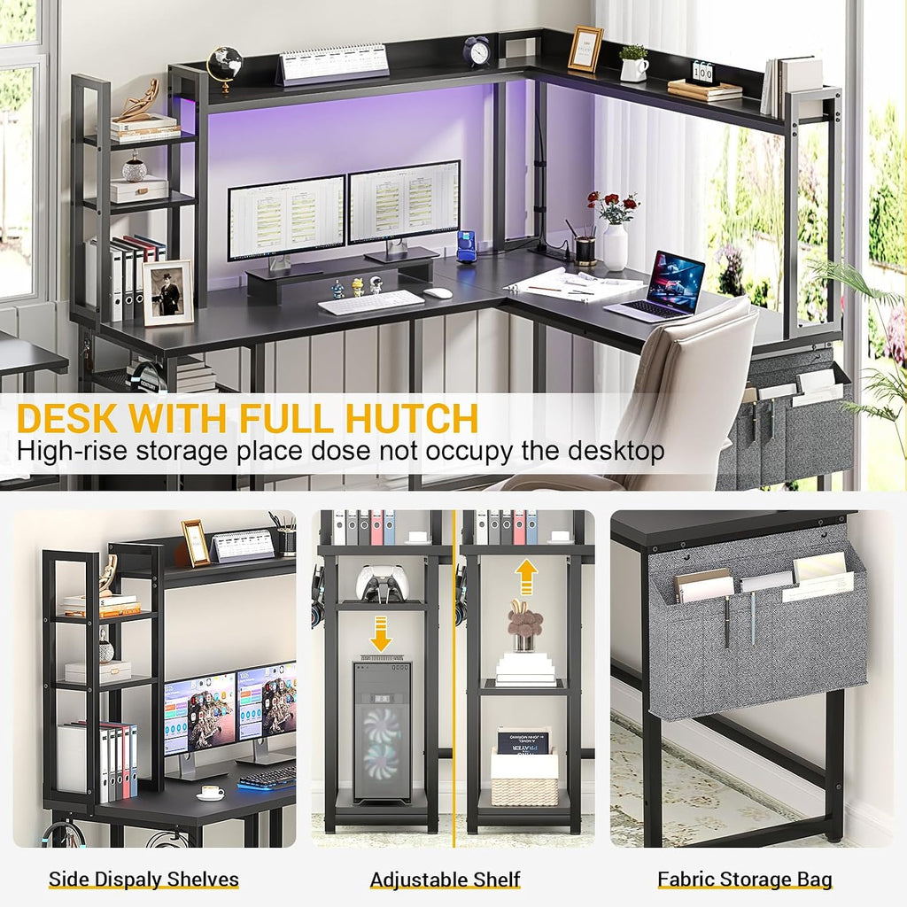 L Shaped Desk Gaming Desk with Power Outlet & LED Light & Monitor | Black 57" Reversible Home Office Desk, Corner