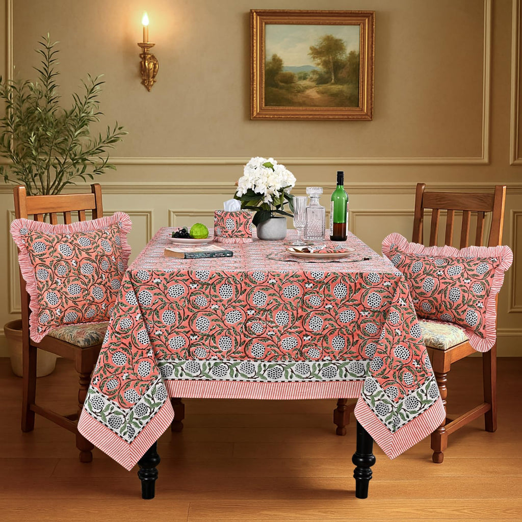 Dark Salmon Pink Hand Block Print Square Tablecloth 60x60 Inch