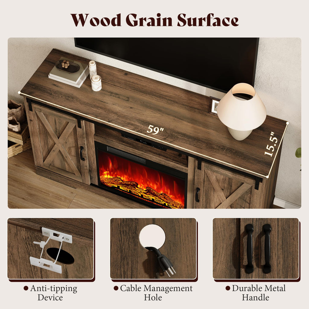 59" Fireplace TV Stand for TVs up to 65" with Sliding Barn Doors