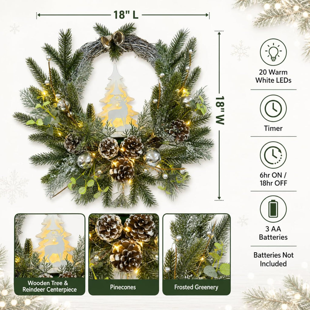 Flocked Christmas Wreath with Silver Ornaments Reindeer and Timer