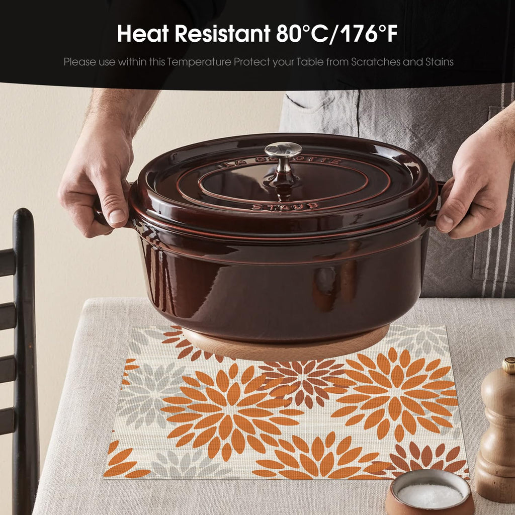 Floral Vinyl Placemats Set of 6, Heat Resistant Washable Non-Slip Plistic PVC Place Mats for Fall Thanksgiving Party