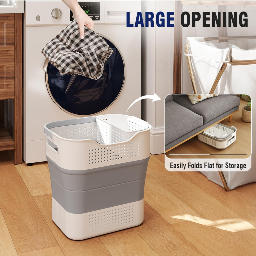 Collapsible Plastic Laundry Basket Hamper with Handles, 35L Portable Rubber Clothes Basket, Pop Up Storage