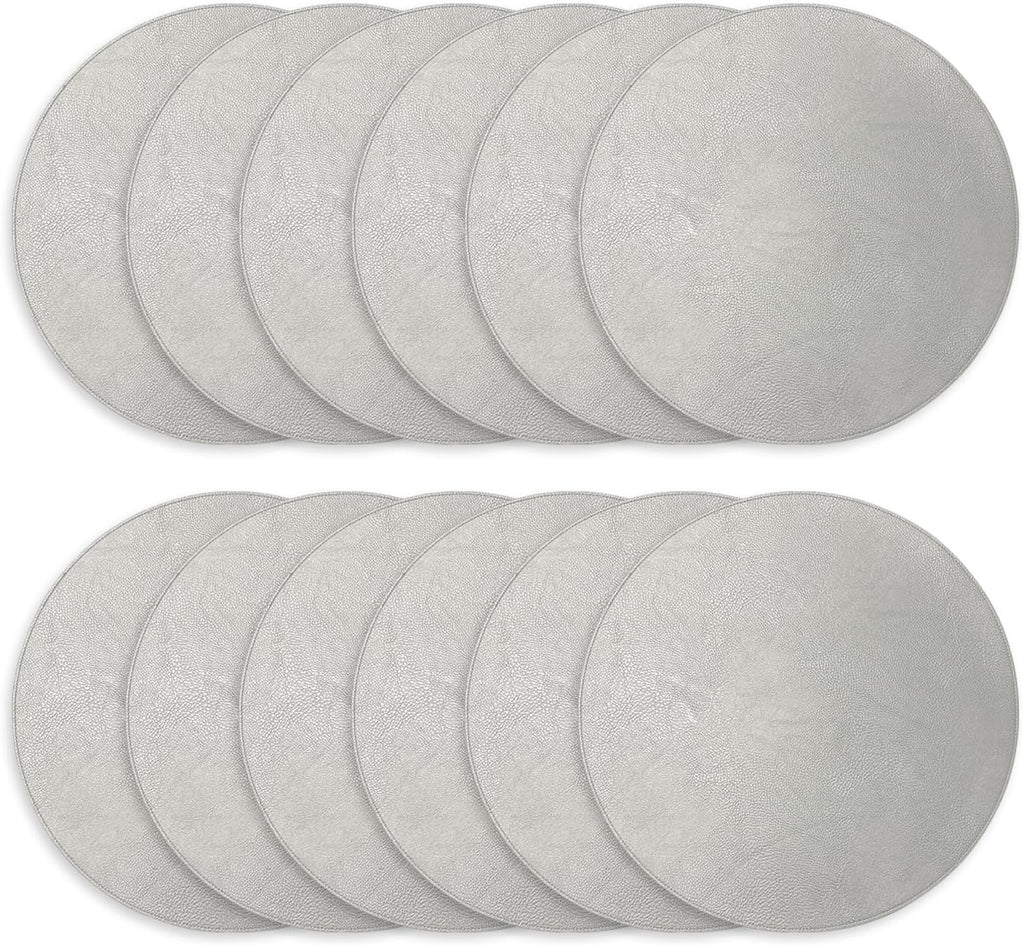 Morgan Faux Leather Round Placemats, 15", Silver, Heat Resistant, Stain Resistant, Non-Slip, Reversible - Set of 12
