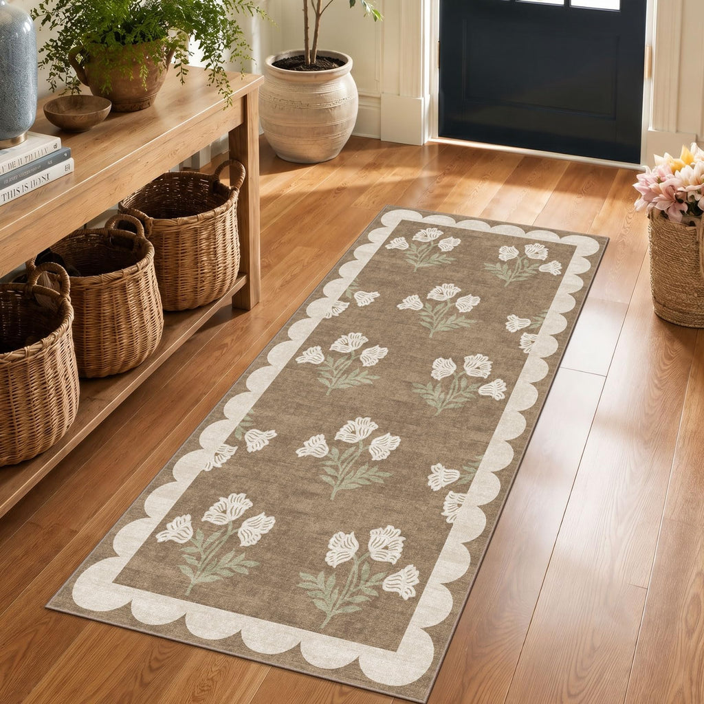 Tan Rug Runner, Boho Floral Scalloped Laundry Room Rug Non-Slip