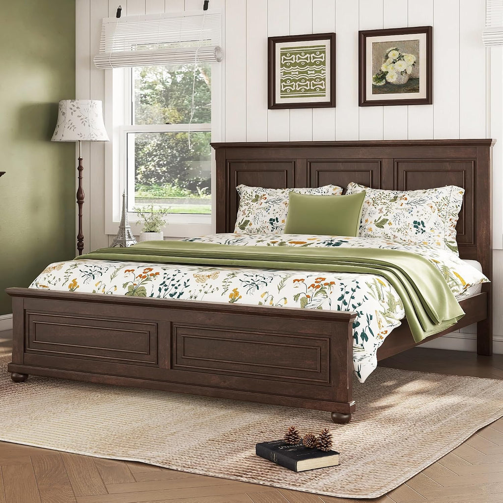 Farmhouse King Bed Frame with Tall Headboard, Wood Platform Bed and Footboard & Charging Station, Mid-Centery Rustic