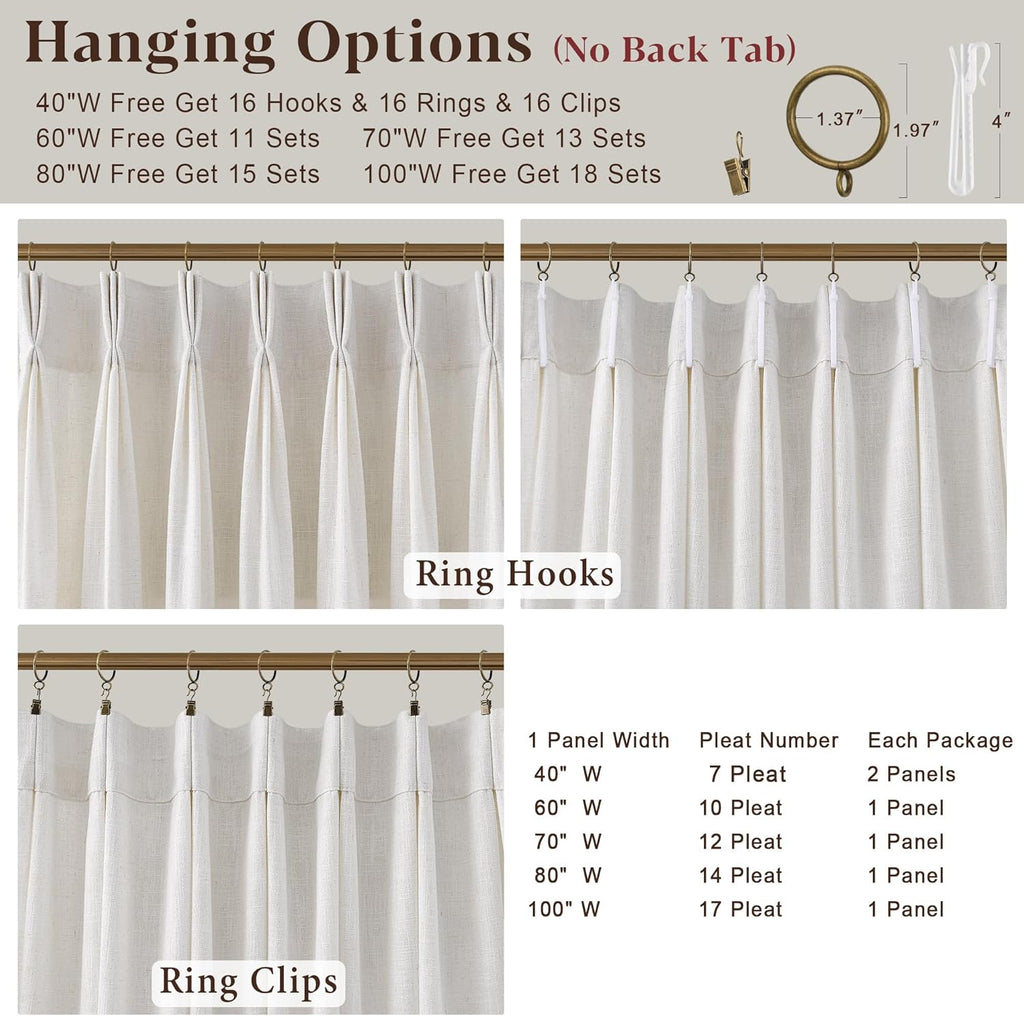 Triple Pinch Pleated Curtains for Living Room 90 Inch Linen Curtains 2 Panels Set Natural Cream Light Filtering Semi