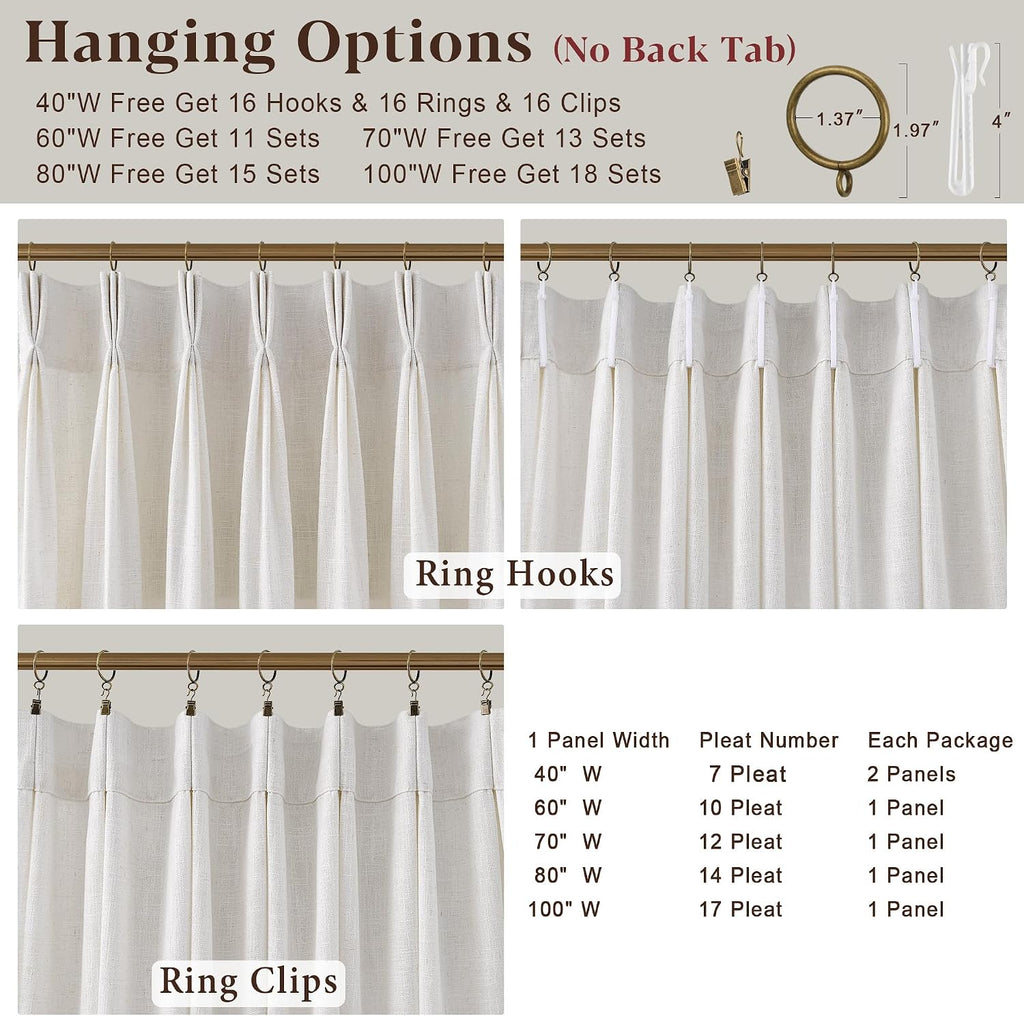 Triple Pinch Pleated Curtains for Living Room 90 Inch Linen Curtains 2 Panels Set Natural Cream Light Filtering Semi