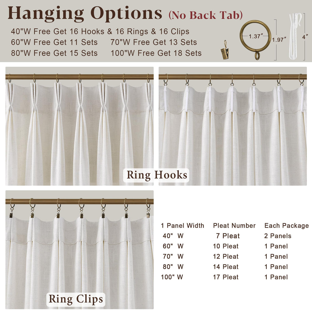 130 Inches Long Pinch Pleated Linen Curtains for Living Dining Room Bedroom Natural Cream Beige Light Filtering