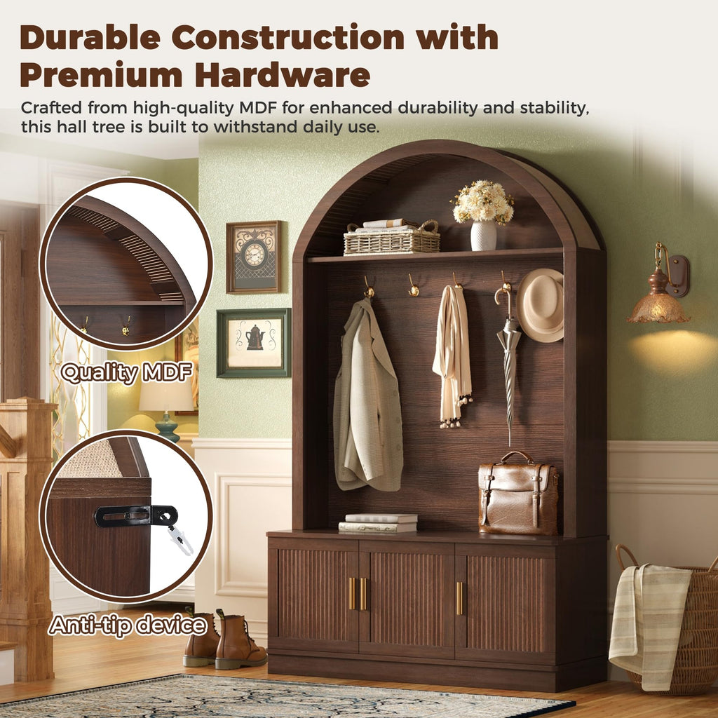 Farmhouse Hall Tree with Bench, Arched Entryway Hall Tree with 5 Hooks, Open Shelf & Fluted Door Cabinets, Mid