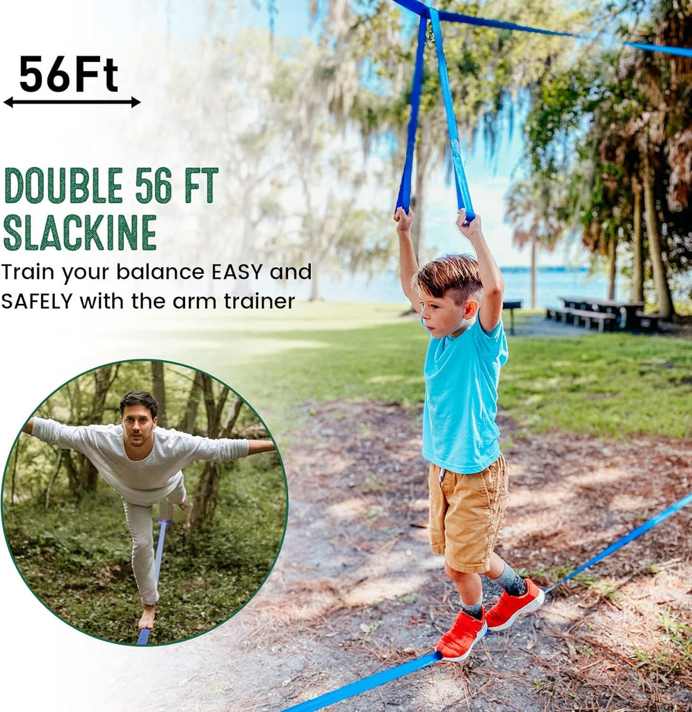 Warrior Obstacle Course for Kids, 2×56ft Slackline Kit with 8 Ninja Accessories+Fast-Setup Buckles- Monkey Bar, Rope