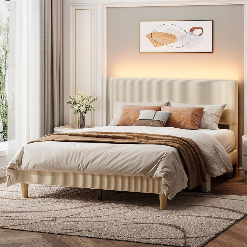 Queen Bed Frame with Headboard,Platform Queen Bed Frame with LED Lighting,Bed Frame Wooden Slats Support,No Box