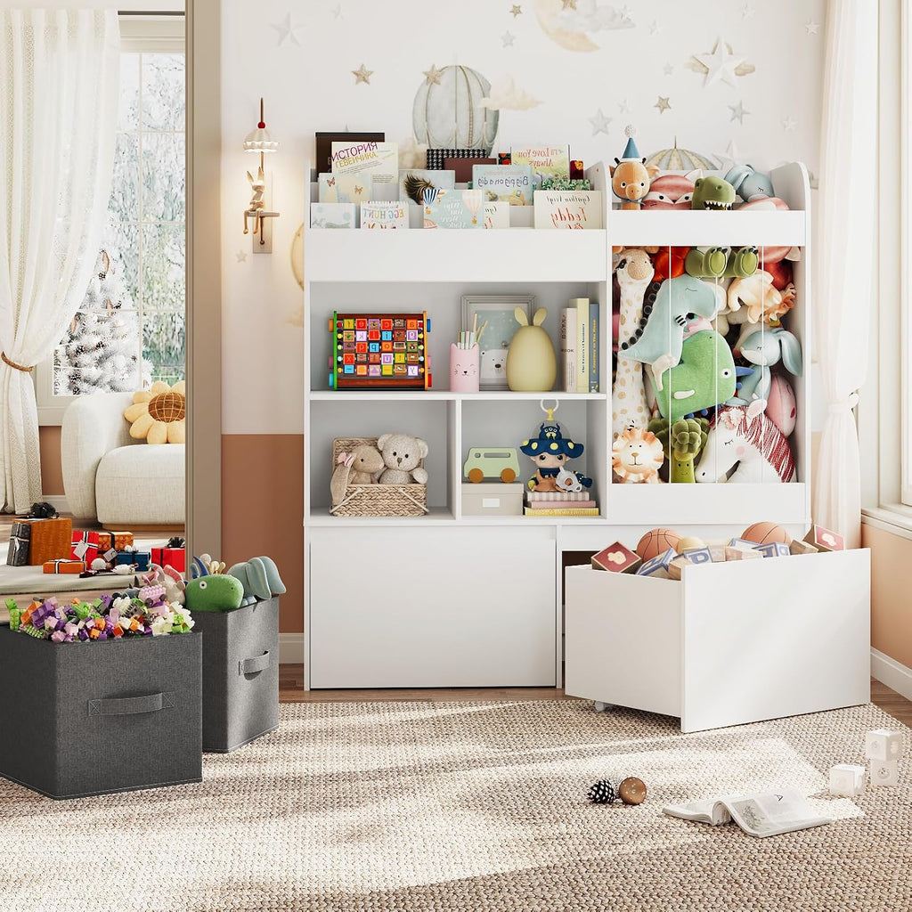 Kids Bookshelf, Stuffed Animal Storage with Play Mat, Wooden Toy Storage Organizer with 2 Movable Drawers and 3 Tier