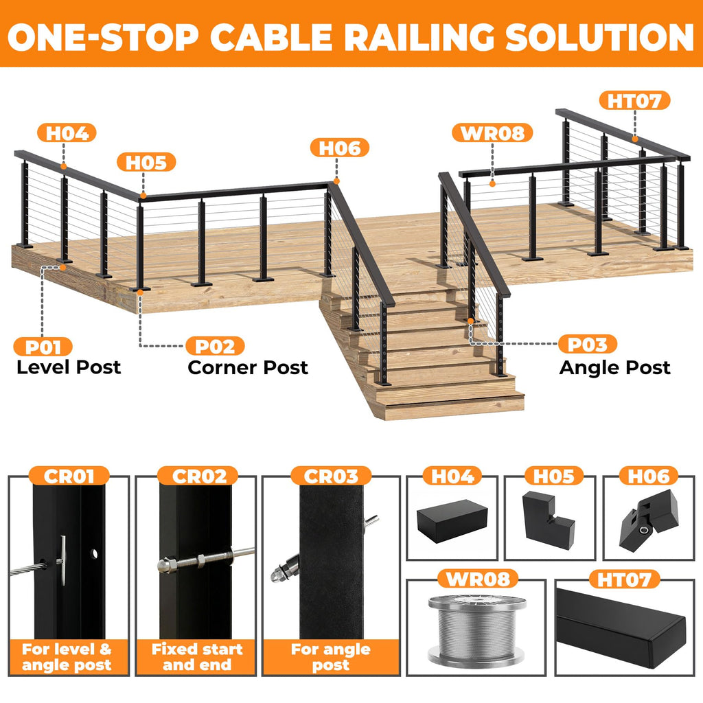 36IN Cable Railing Stair Post 30°Angled