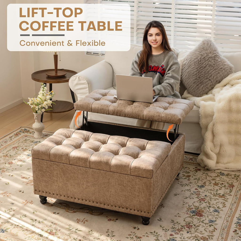 35 Inch Large Square Storage Ottoman, Coffee Table Ottoman, Faux | Lift Top Ottomans Bench Square Footrest Oversized