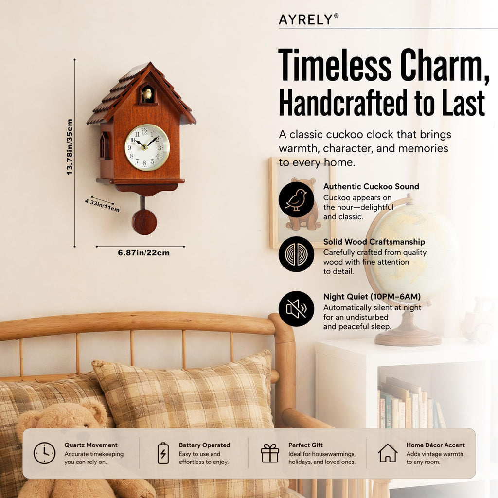 14-Inch Handcrafted Modern Cuckoo Clock for Wall with Hourly Chime, Wooden Pendulum, Moving Cuckoo Bird and Automatic