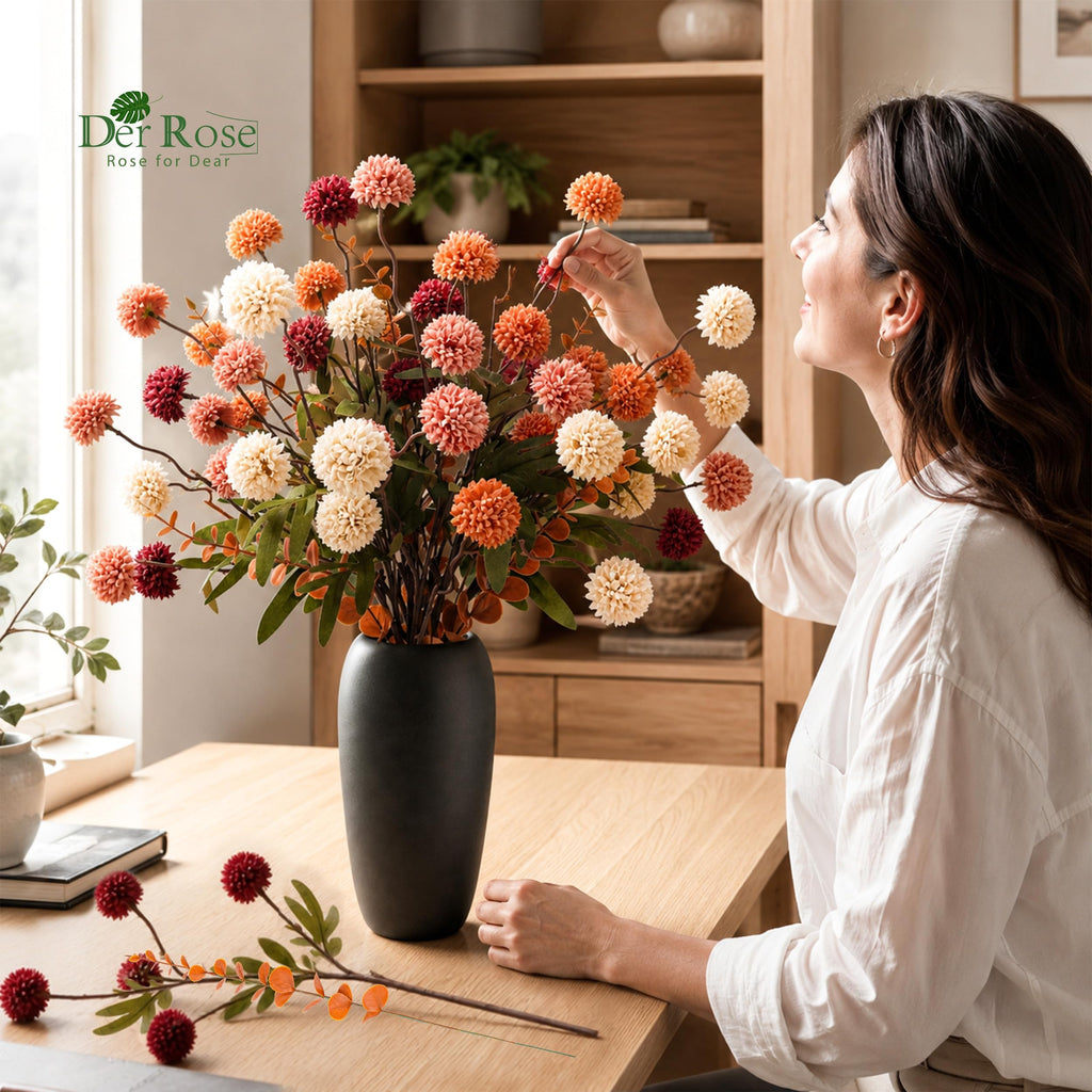 Fall Artificial Flowers with Vase, 18 Pcs Silk Mums Decor