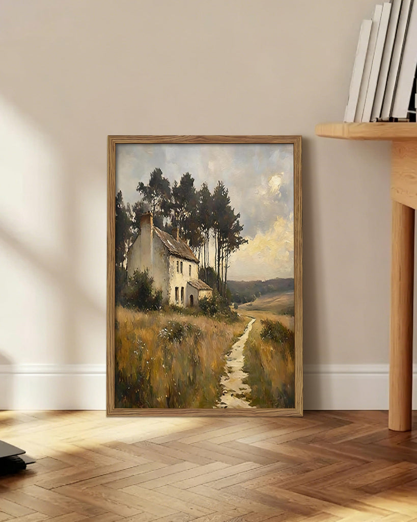 Vintage Cottage Landscape Wall Art Canvas, Rustic Country House Framed Poster, Farmhouse Nature Wall Decor Painting
