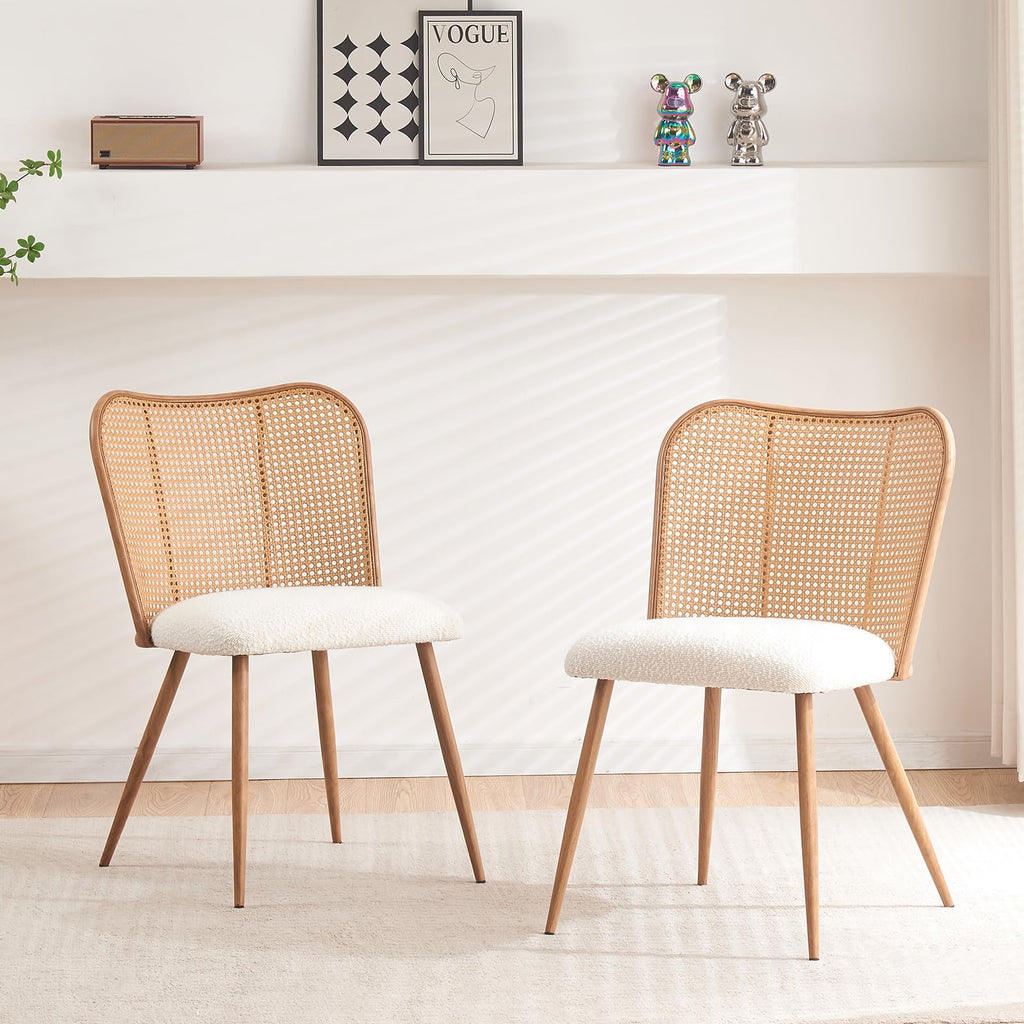 Rattan Dining Chairs Set of 4, Modern Chairs with Cane Back Upholstered Boucle Kitchen Chairs Armless Side Chair with