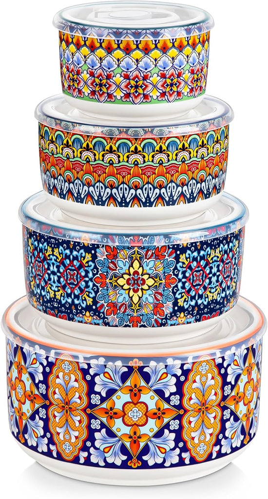 Serving Bowls with Lids, Ceramic Mixing Bowls Set of 4, Boho | Nesting Bowls for Food Storage, Prep, Stackable