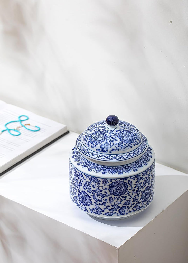 Blue and White Ginger Jar, Ceramic Chinoiserie Decorative Jars, Ginger Jar Vase Pocelain for Table, Living Room