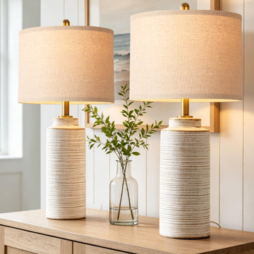 27" Vintage Ceramic Table Lamp Set of 2, Farmhouse Bedside Lamps with Ribbed Textured Finish, Rustic Nightstand Lamps