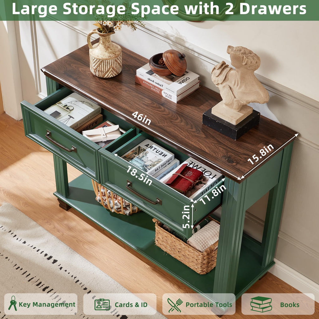46" Farmhouse Console Table with Drawers, Green Entryway Table