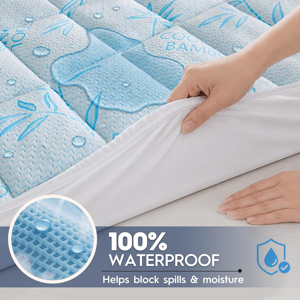 Waterproof Mattress Pad Queen Size, Cooling Mattress Protector for Hot Sleepers Made with Bamboo Viscose, Cloud-Soft