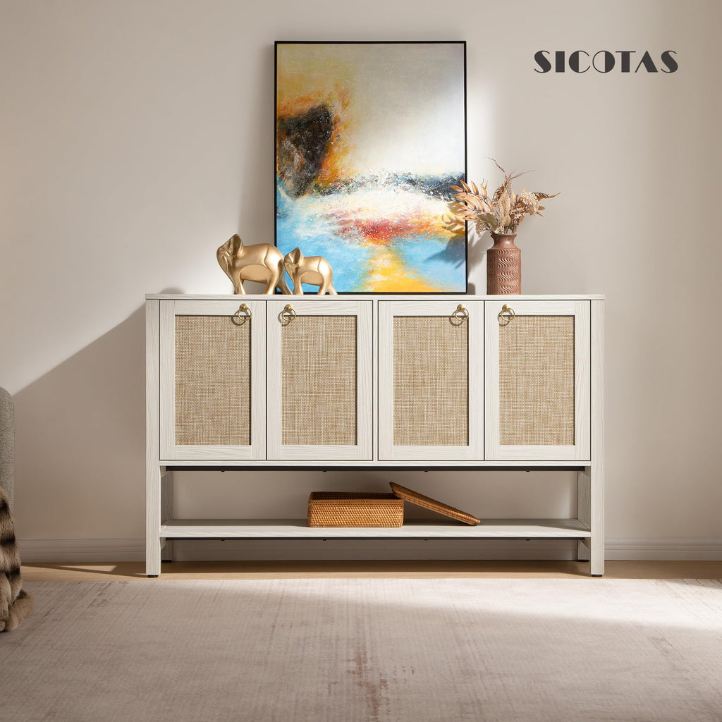 White Rattan 110" Long Sideboard Buffet Cabinet with Door, Credenza