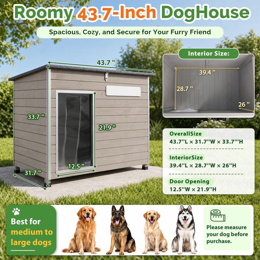 Large Dog House, 43.7-Inch Wooden Outdoor Shelter, Metal Frame