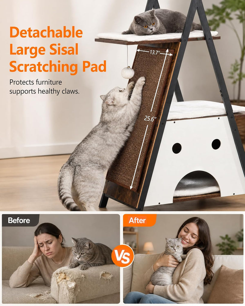 Modern Wood Cat Tree Tower for Indoor Cats Large Adult 67-in Tall
