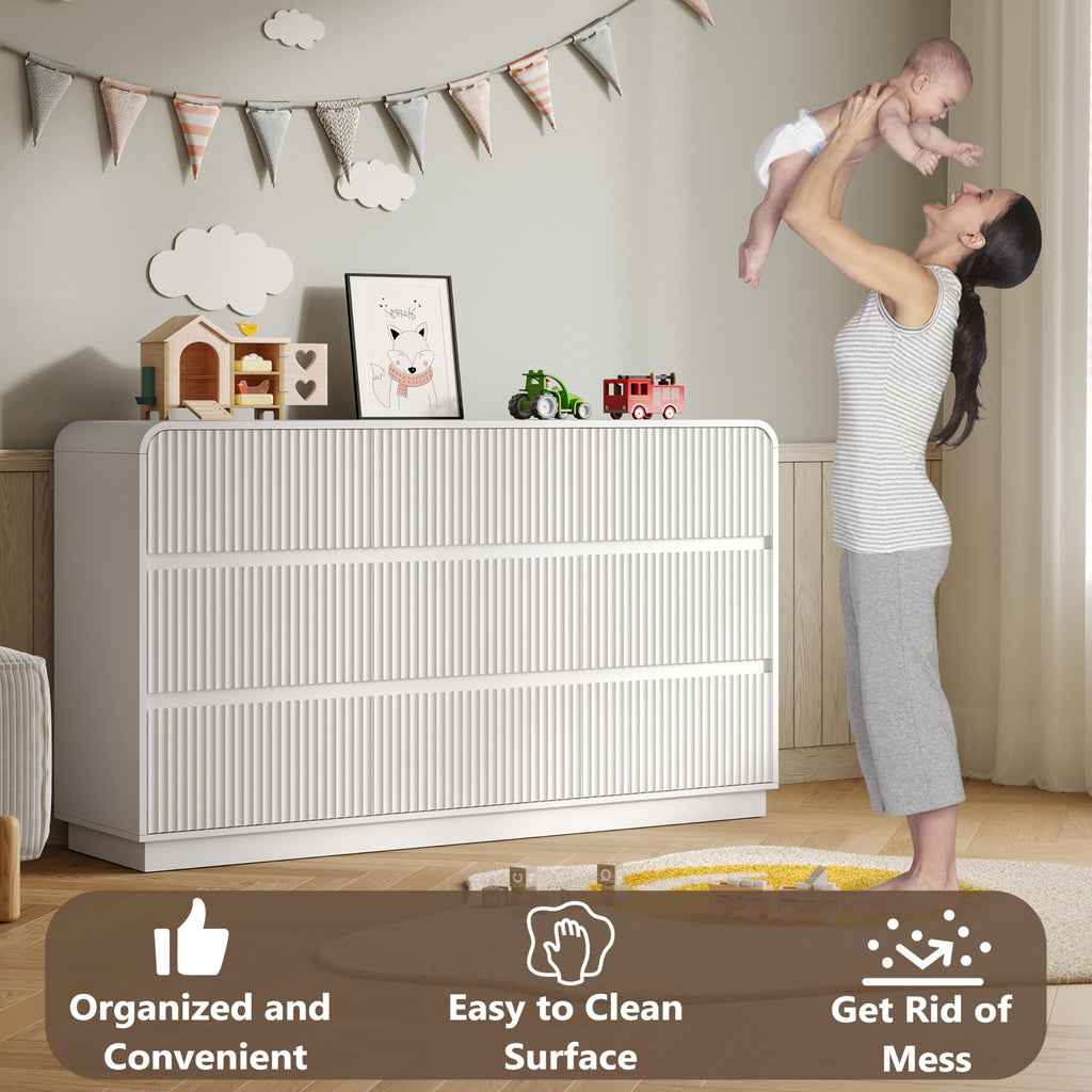 Dresser with 9 Drawers, Fluted Chest of Drawers with Round Curved Corner, Hidden Handles, Modern Wood Storage